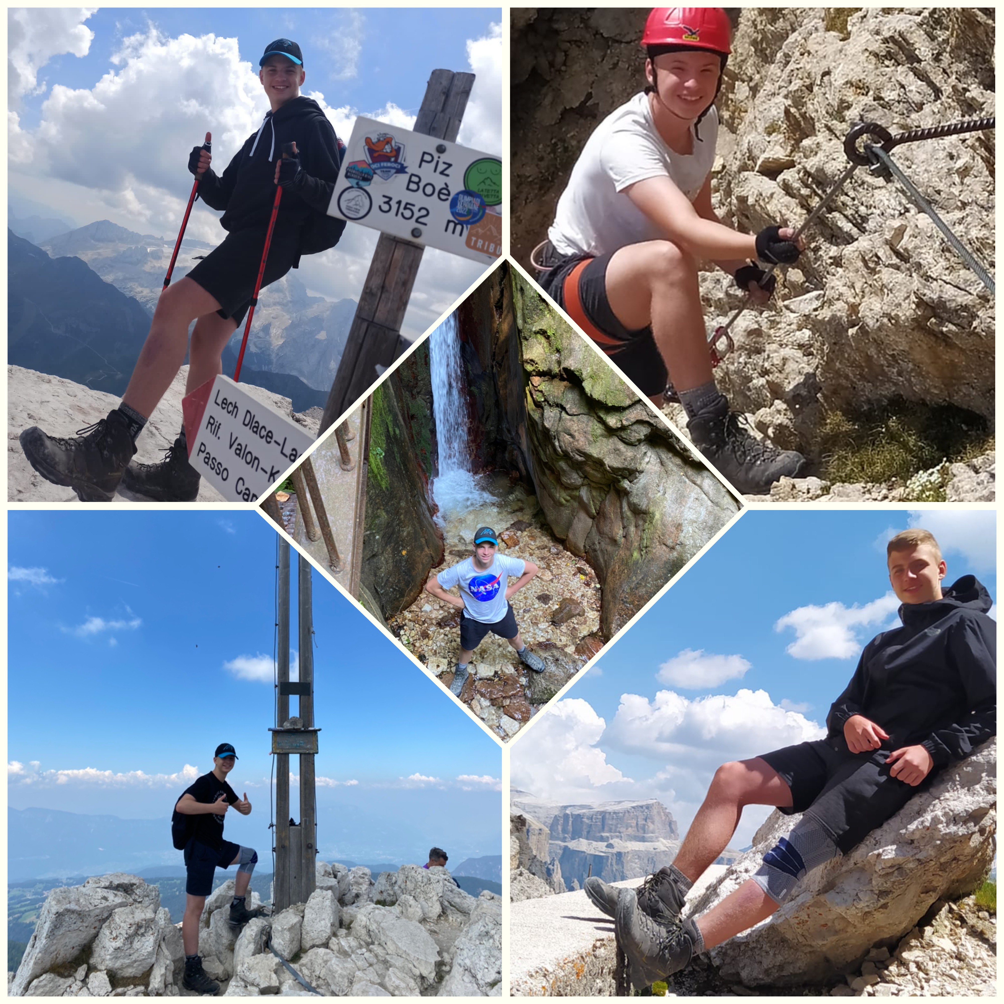 Collage aus fünf Bildern, die Santino und seine Wanderschuhe in den Dolomiten zeigen.